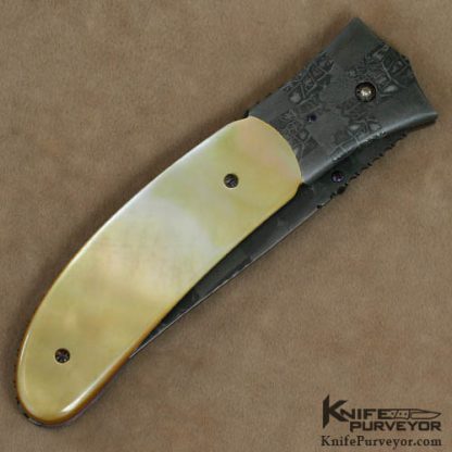 Al Dippold Custom Knife South Sea Goldlip Pearl & Sole Authorship Mosaic Damascus Linerlock - Image 3