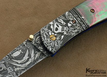 Don Hanson III Custom Knife Sole Authorship Mosaic Damascus & Black Lip Tahitian Pearl Shell Linerlock - Image 2