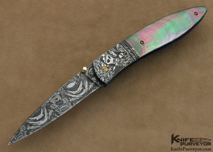 Don Hanson III Custom Knife Sole Authorship Mosaic Damascus & Black Lip Tahitian Pearl Shell Linerlock