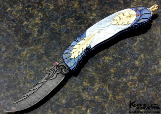 Donald Vogt Custom Knife Carved Blued Devin Thomas Damascus Encrusted with Rubies, Carved Mother of Pearl 15067