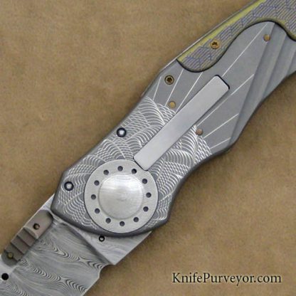 Allen Elishewitz Custom Knife "Silver Fox" with Damasteel Blade and Machined and Guilloched Titanium Framed E-Lock - Image 2