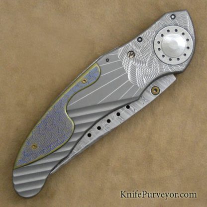 Allen Elishewitz Custom Knife "Silver Fox" with Damasteel Blade and Machined and Guilloched Titanium Framed E-Lock - Image 3