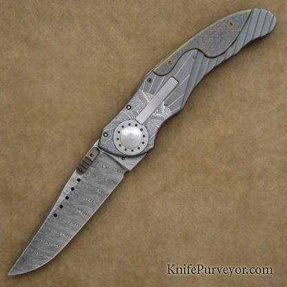 Allen Elishewitz Custom Knife "Silver Fox" with Damasteel Blade and Machined and Guilloched Titanium Framed E-Lock