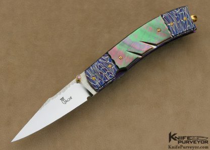 Francesco Pachi Custom Knife Blued Sole Authorship Damascus & Fluted Black Lip Tahitian Pearl Shell Linerlock