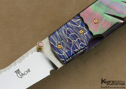 Francesco Pachi Custom Knife Blued Sole Authorship Damascus & Fluted Black Lip Tahitian Pearl Shell Linerlock - Image 2