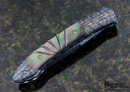 Frank Niro Custom Knife Blued Robert Eggerling Damascus & Fluted Black Lip Pearl Linerlock - Image 3