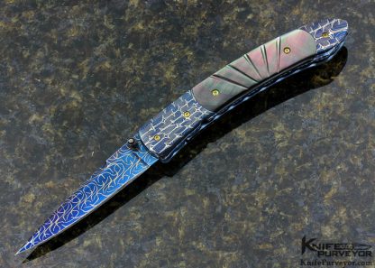 Frank Niro Custom Knife Blued Robert Eggerling Damascus & Fluted Black Lip Pearl Linerlock