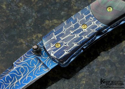 Frank Niro Custom Knife Blued Robert Eggerling Damascus & Fluted Black Lip Pearl Linerlock - Image 2