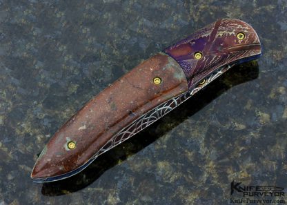 Frank Niro Damascus Blade Custom Knife Seymchan Meteorite, Rob Calcinore Mosaic Damascus & Fossilized Dinosaur Egg Linerlock - Image 3