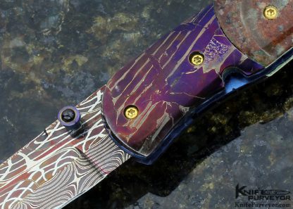 Frank Niro Damascus Blade Custom Knife Seymchan Meteorite, Rob Calcinore Mosaic Damascus & Fossilized Dinosaur Egg Linerlock - Image 2