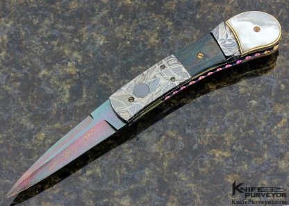 Frank Potter Custom Knife Mammoth, Pearl Shell & 14K Gold with Blued Robert Eggerling Mosaic Damascus Automatic Linerlock - Image 7