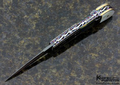 Frank Potter Custom Knife Mammoth, Pearl Shell & 14K Gold with Blued Robert Eggerling Mosaic Damascus Automatic Linerlock - Image 3