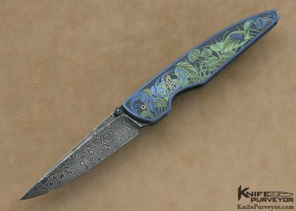 Gary Blanchard Custom Knife Devin Thomas "Raindrop" Damascus & Sole Authorship Engraved Differentially Anodized Titanium Button Lock