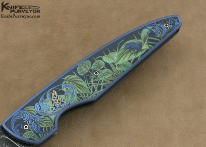 Gary Blanchard Custom Knife Devin Thomas "Raindrop" Damascus & Sole Authorship Engraved Differentially Anodized Titanium Button Lock - Image 3