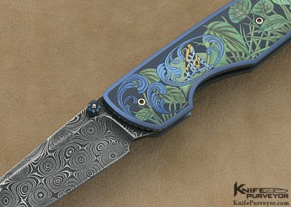 Gary Blanchard Custom Knife Devin Thomas "Raindrop" Damascus & Sole Authorship Engraved Differentially Anodized Titanium Button Lock - Image 2