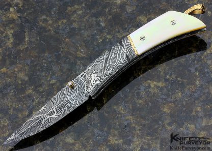 George Dailey Custom Knife Gold Lip Pearl & Damascus Linerlock