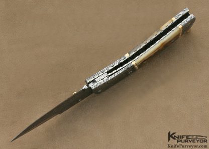 George Dailey Custom Knife 31 Diamond Encrusted 18Kt Gold,  Mick Maxen Damascus & Fossilized Walrus Ivory Linerlock - Image 6