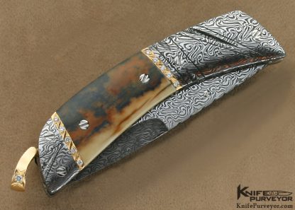 George Dailey Custom Knife 31 Diamond Encrusted 18Kt Gold,  Mick Maxen Damascus & Fossilized Walrus Ivory Linerlock - Image 4