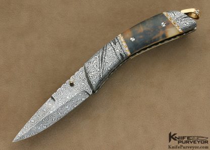 George Dailey Custom Knife 31 Diamond Encrusted 18Kt Gold,  Mick Maxen Damascus & Fossilized Walrus Ivory Linerlock