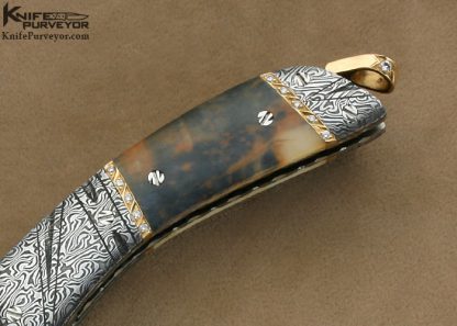 George Dailey Custom Knife 31 Diamond Encrusted 18Kt Gold,  Mick Maxen Damascus & Fossilized Walrus Ivory Linerlock - Image 3