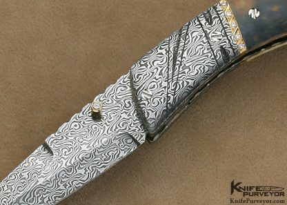 George Dailey Custom Knife 31 Diamond Encrusted 18Kt Gold,  Mick Maxen Damascus & Fossilized Walrus Ivory Linerlock - Image 2