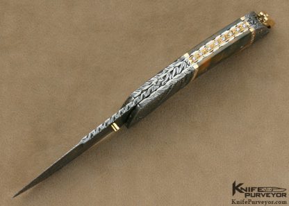 George Dailey Custom Knife 31 Diamond Encrusted 18Kt Gold,  Mick Maxen Damascus & Fossilized Walrus Ivory Linerlock - Image 5