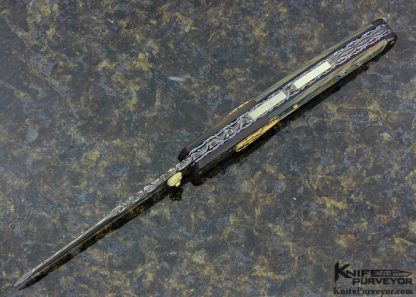 Glen Waters Custom Knife "Millennium" Carved Abalone & Devin Thomas Spiral Graph Damascus with 24Kt Gold Linerlock - Image 4