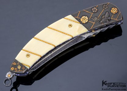 Glen Waters Custom Knife Sole Authorship Engraved Tanto with 24Kt Twisted Gold Wire Butterfly and Cherry Blossom Motif - Image 4