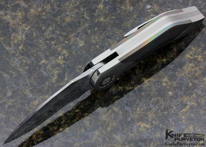 Glenn Are Hovin Custom Knife #4 Flame Colored Titanium and Damasteel Linerlock Flipper - Image 4