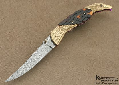 Stephen Olszewski Custom Knife 14Kt "Exotic Golden Eagle" Linerlock Robert Eggerling Damascus