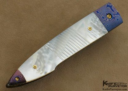 Harald Moeller Custom Knife Blued Damascus & Fluted Mother of Pearl Shell Linerlock 4/2/12 - Image 3