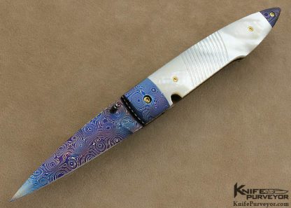 Harald Moeller Custom Knife Blued Damascus & Fluted Mother of Pearl Shell Linerlock 4/2/12