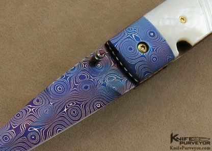 Harald Moeller Custom Knife Blued Damascus & Fluted Mother of Pearl Shell Linerlock 4/2/12 - Image 2