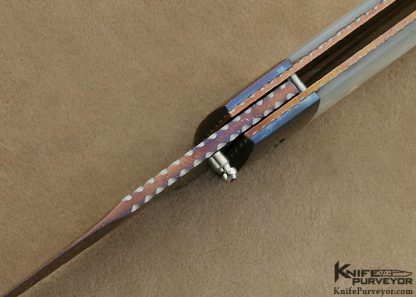 Harald Moeller Custom Knife Blued Damascus & Fluted Mother of Pearl Shell Linerlock 4/2/12 - Image 5