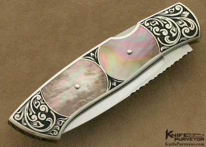 Harvey McBurnette Custom Knife Sole Authorship Engraved Double Interframe Black Lip Tahitian Pearl Shell Lockback - Image 3