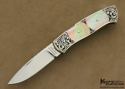 Harvey McBurnette Custom Knife Sole Authorship Engraved Double Interframe Black Lip Tahitian Pearl Shell Lockback