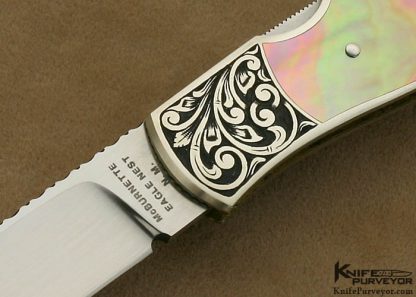 Harvey McBurnette Custom Knife Sole Authorship Engraved Double Interframe Black Lip Tahitian Pearl Shell Lockback - Image 2