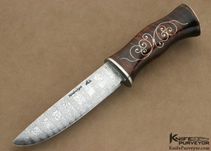 Jay Hendrickson Custom Knife M.S. Sole Authorship "Ladder Pattern" Damascus with Fine Silver Wire Inlaid Curly Maple "Classic Scandinavian Puukko"