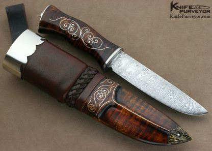 Jay Hendrickson Custom Knife M.S. Sole Authorship "Ladder Pattern" Damascus with Fine Silver Wire Inlaid Curly Maple "Classic Scandinavian Puukko" - Image 6