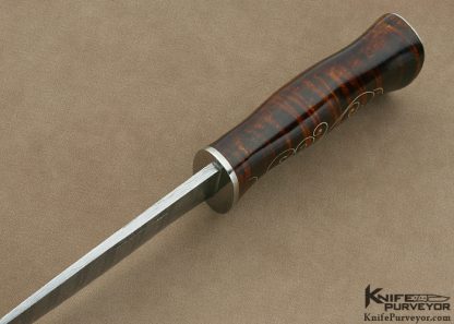 Jay Hendrickson Custom Knife M.S. Sole Authorship "Ladder Pattern" Damascus with Fine Silver Wire Inlaid Curly Maple "Classic Scandinavian Puukko" - Image 4