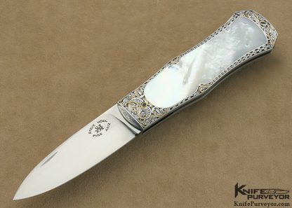 Steve Hoel Custom Knives Lucie Bandikova Engraved Mother of Pearl Shell Interframe Coke Bottle Lockback Dagger