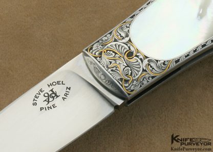 Steve Hoel Custom Knives Lucie Bandikova Engraved Mother of Pearl Shell Interframe Coke Bottle Lockback Dagger - Image 2