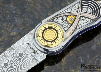 Howard Hitchmough Custom Knife Damasteel Linerlock Engraved by Tim George with 24K Gold Inlays - Image 2