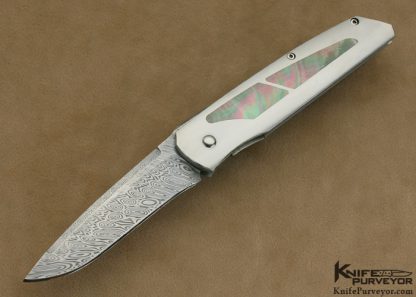 Jeff Harkins Custom Knife Black Lip Pearl Inlay and Damasteel Damascus Flipper Linerlock