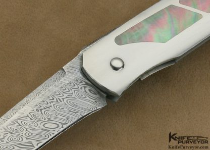 Jeff Harkins Custom Knife Black Lip Pearl Inlay and Damasteel Damascus Flipper Linerlock - Image 2