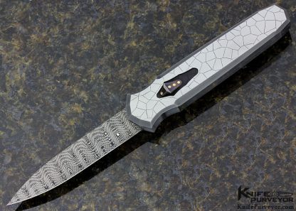 Jeff Harkins Custom Knife Sole Authorship "Cracked Mud" Engraved OTF Auto Triton with Blued Devin Thomas Damascus and 24Kt Gold Dots in Slide Release