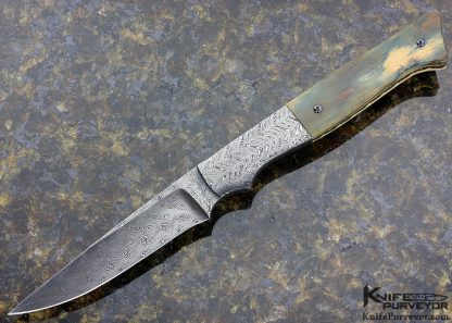 Jerry Rados Custom KnifeBlue & Cream Mammoth & Sole Authorship "Turkish Twist" Damascus Bird & Trout Knife with Bob Schrap Sheath