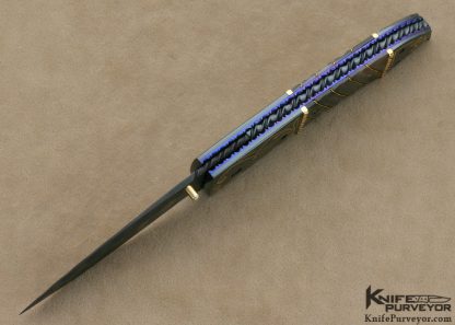 Jim and Joyce Minnick Custom Knife Blued Damascus with 24Kt Gold Inlaid Blued Steel Bolsters and Fluted Black Lip Tahitian Pearl Shell Drop Point Linerlock - Image 6