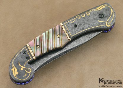 Jim Minnick Custom Knife Jerry Rados Turkish Twist Damascus With 24Kt Gold Inlays & Black Lip Tahitian Pearl Shell Automatic Linerlock - Image 4