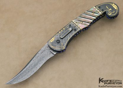 Jim Minnick Custom Knife Jerry Rados Turkish Twist Damascus With 24Kt Gold Inlays & Black Lip Tahitian Pearl Shell Automatic Linerlock